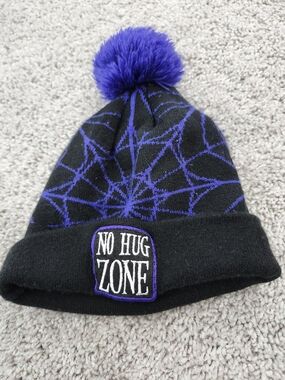Official Wednesday Addams Beanie "No Hug Zone" Spiderweb Purple Pom-Pom Hat Mad